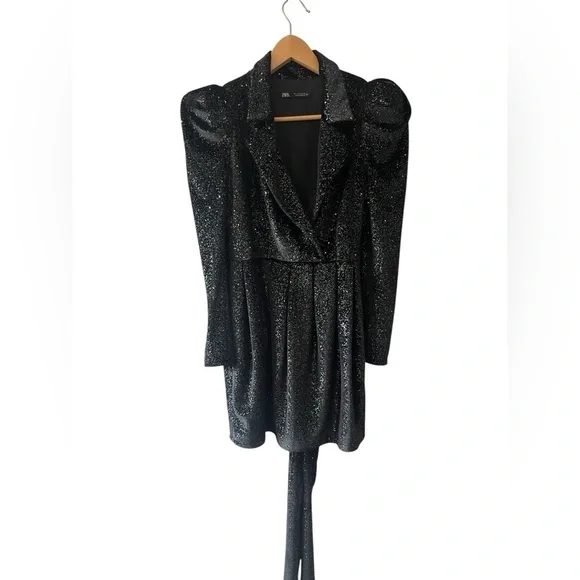 ZARA Glittery Velvet sparkle puff sleeve black Blazer mini Dress with tie belt S - Picture 2 of 6